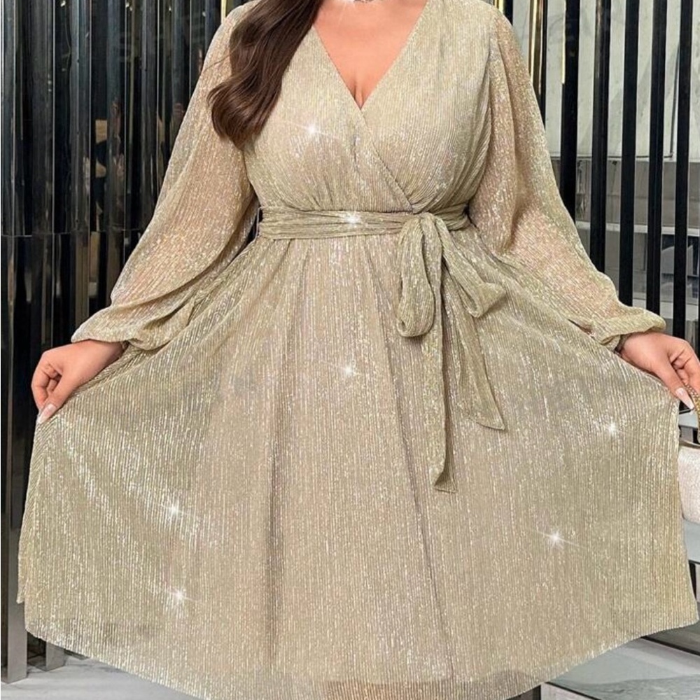 SHEIN Privé Plus Surplice Neck Lantern Sleeve Belted Glitter Dress